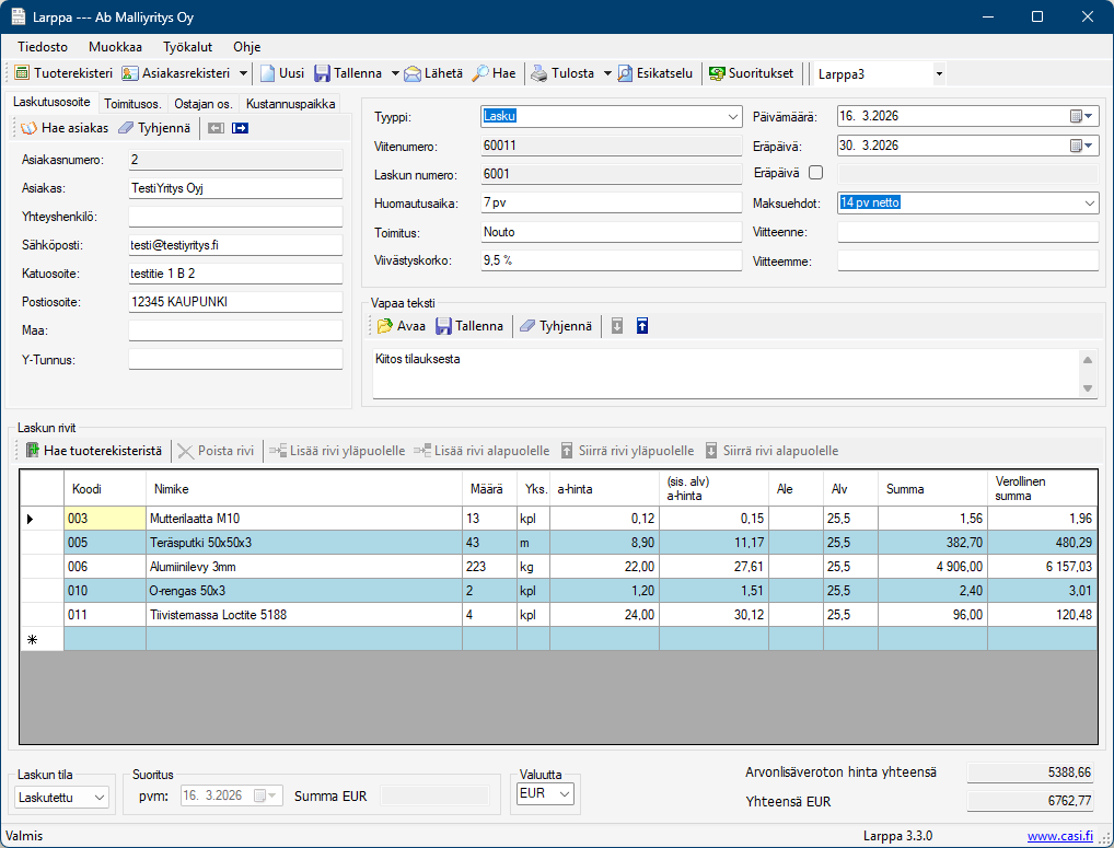 Larppa – päänäkymä ja laskujen hallinta